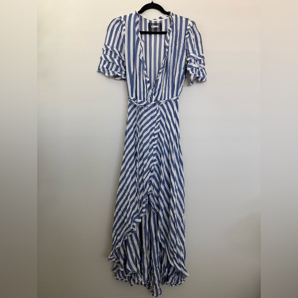 Reformation Blue and White Striped High-Low Wrap Dress - Picture 2 of 6